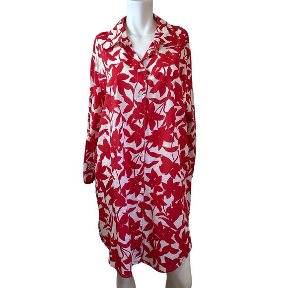 La Blanca Red & White Floral Button Down Swim Cover Up One Size - Picture 1 of 6